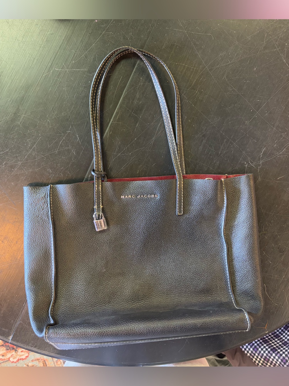 Marc Jacobs the Grind East/West Black Leather Tote with Red Interior Trim
